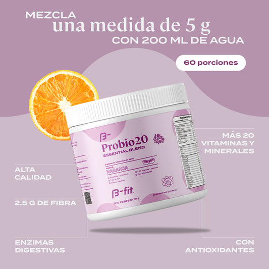 ProBio20 | Prebióticos y Probióticos en polvo + 20 vitaminas y minerales - 60 porciones