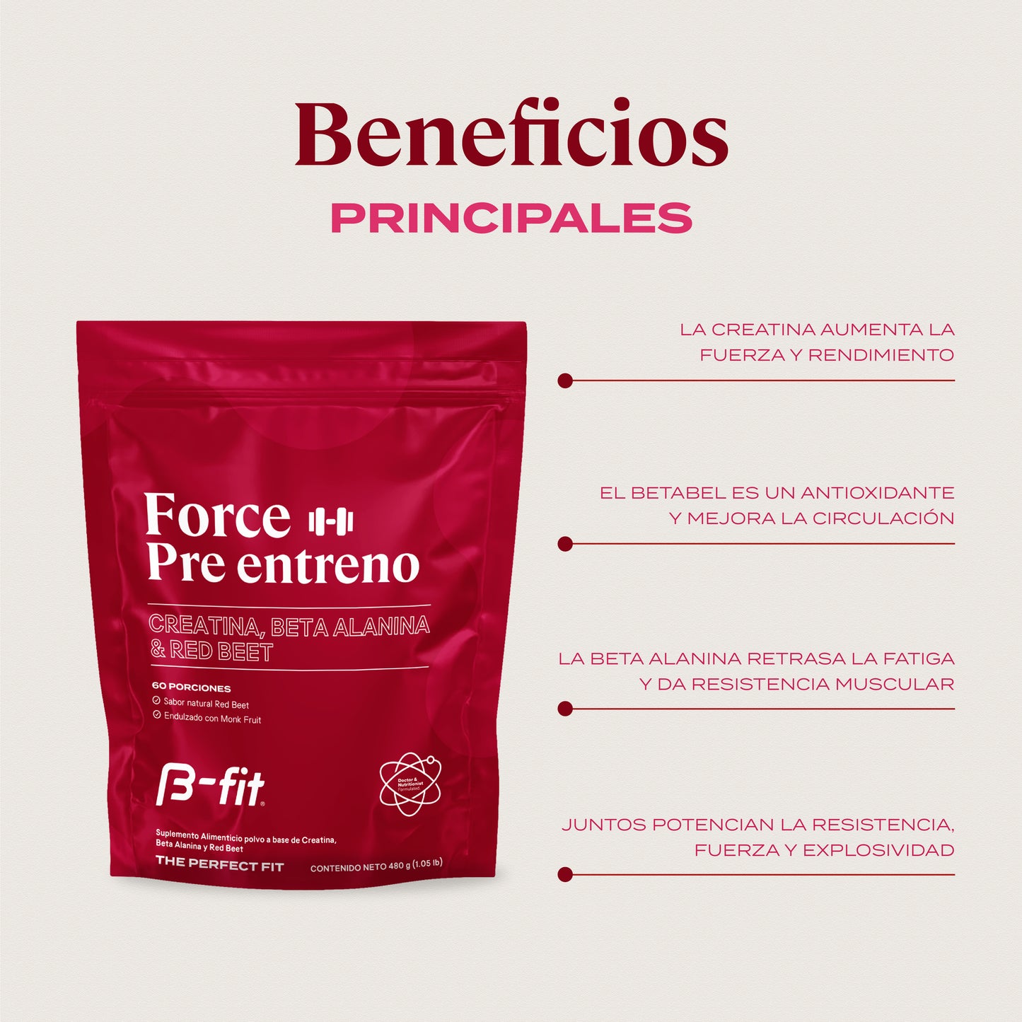 Force Pre Entreno con Creatina + Beta Alanina + Red Beet - 60 porciones