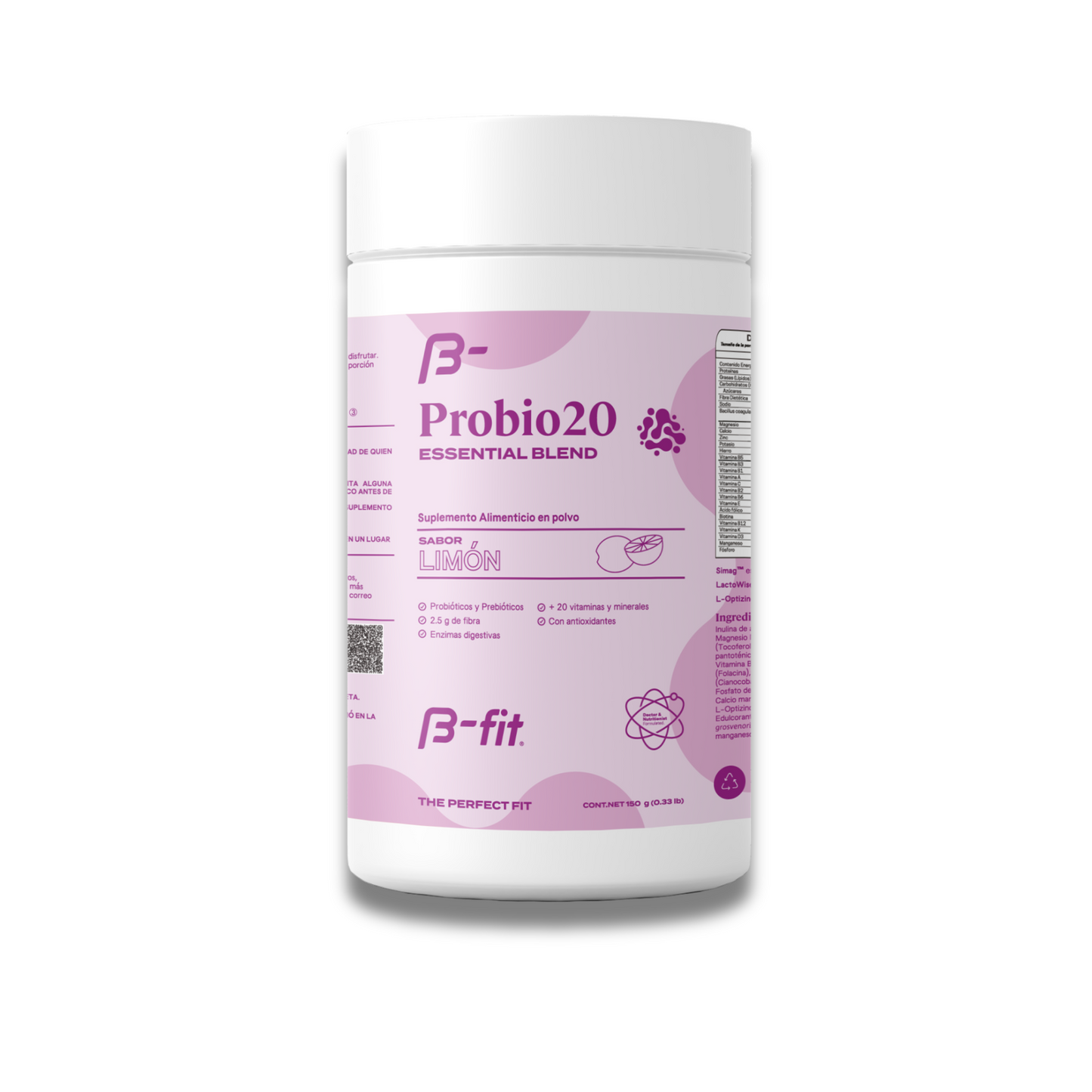 Prebióticos y probióticos en polvo con fibra y 20 vitaminas y minerales. Sabor Limón ProBio-20 - 150g
