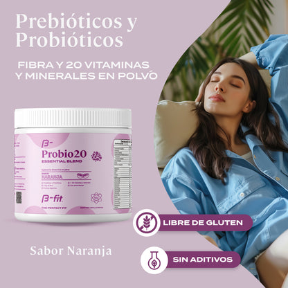 ProBio20 | Prebióticos y Probióticos en polvo + 20 vitaminas y minerales - 60 porciones