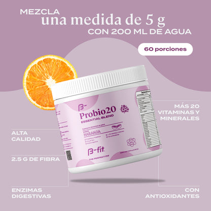 ProBio20 | Prebióticos y Probióticos en polvo + 20 vitaminas y minerales - 60 porciones