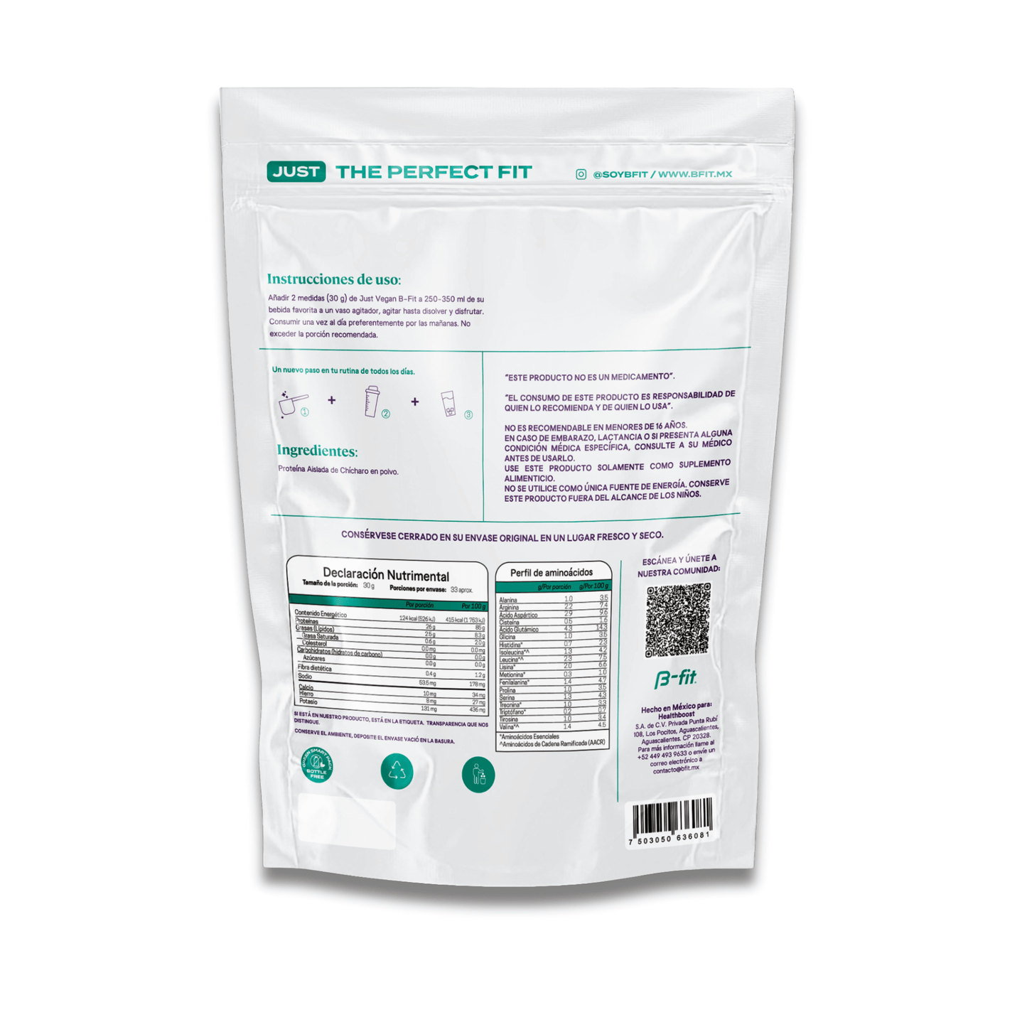 Proteína Aislada de Chícharo 100% 1 ingrediente - Just Vegan Protein 1 Kg | B-fit