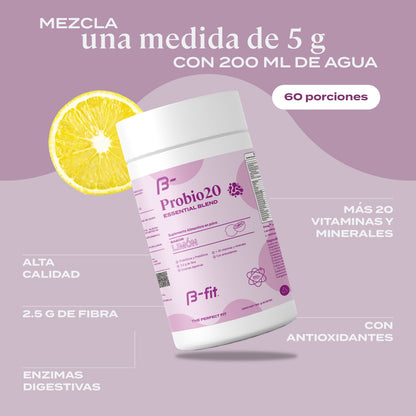 ProBio20 | Prebióticos y Probióticos en polvo + 20 vitaminas y minerales - 30 porciones