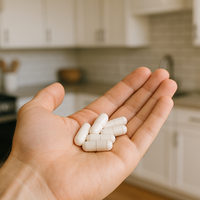 white zinc capsules being held with a kitchen background